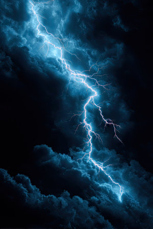 A powerful lightning strike illuminates a dark, stormy sky filled with dense, textured clouds. The vibrant, electric blue of the lightning contrasts with the black background. This image captures a moment of natural power and is suitable for various commercial uses.の素材