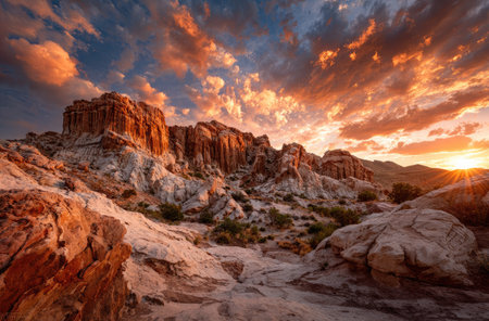 The image showcases a stunning landscape with prominent rock formations under a vivid sunset. The scene features warm orange hues from the setting sun contrasting with blue skies, creating a visually striking display. This image is suitable for various commercial uses, including advertising and editorial content.の素材
