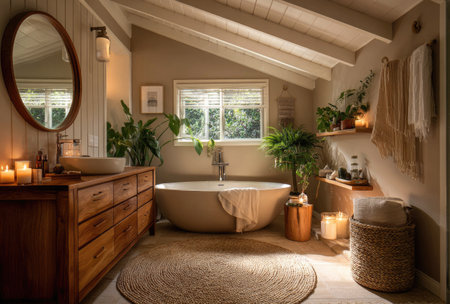 An inviting bathroom scene showcases a large, freestanding bathtub. Natural light floods the space, highlighting the neutral color palette and wooden elements. The composition includes a round mirror and a dresser, creating a serene ambiance suitable for various design and lifestyle projects.の素材