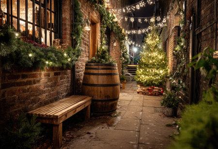 An inviting Christmas alleyway scene features a decorated tree and glowing lights overhead. The brick walls and wooden bench create a warm atmosphere. The scene, illuminated by soft lighting, is suitable for editorial or commercial projects, evoking seasonal cheer and holiday themes.の素材