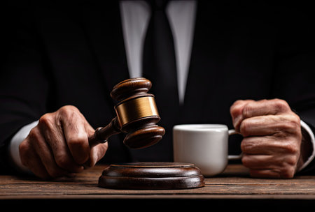A close-up captures a judge in a dark suit holding a gavel, with a white cup nearby. The image features warm lighting and a focus on the wooden table. This composition suggests a formal setting. Suitable for legal, financial, or business-related visual projects.の素材