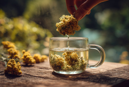 A hand carefully places plant matter into a glass cup with clear liquid. The image showcases the preparation of herbal tea, featuring close-up details of natural elements. The composition uses warm lighting and blurred natural backgrounds, creating a calm and inviting atmosphere. Ideal for wellness, health, and lifestyle content.の素材