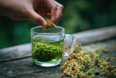 A close-up captures a hand gently placing dried plant material into a glass mug filled with green liquid. The composition highlights the beverage and the plant matter with soft focus elements. The lighting suggests an outdoor setting, potentially associated with health or relaxation. Suitable for editorial and commercial projects.の素材