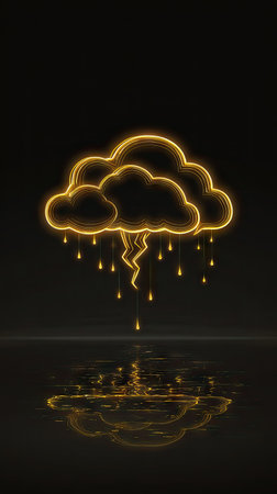 An illuminated cloud formation with lightning and rain droplets is depicted against a dark backdrop. The golden color palette, combined with the reflection effect, enhances the visual impact. The image can be used for various design projects, including digital art and advertising materials.の素材