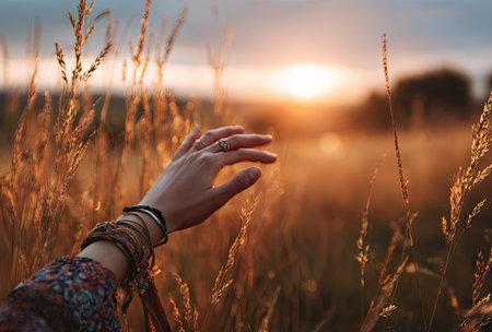 A hand extends toward a bright sunset, seen from a field of tall, golden grasses. The warm light creates a soft focus on the field and horizon. This image's composition and color palette suggest commercial use for themes related to nature and lifestyle.の素材