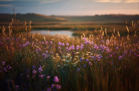 A field of wildflowers is showcased in this image, bathed in warm sunlight. The scene features delicate purple and yellow blooms amidst tall grasses. In the background, there is a lake and rolling hills under a soft, diffused light, perfect for various commercial and editorial applications.の素材