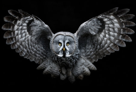 An owl spreads its wings fully against a solid black background. The bird showcases intricate feather details in shades of grey. Overhead lighting accentuates the texture and form of the avian subject. This image could serve various purposes including editorial and commercial projects.の素材
