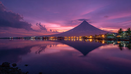 A stunning landscape captures a symmetrical reflection of a mountain in still water. The scene features a dramatic sunset with hues of purple and orange painting the sky. The lighting casts a soft glow over the water, creating a serene ambiance suitable for various editorial and commercial applications.の素材