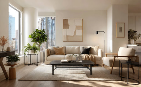 A bright living room showcases a modern sofa and armchair, complemented by decorative plants and a minimalist table. The composition features a neutral color palette with hints of warmer tones, suggesting a sense of calm. Suitable for lifestyle, home decor, and design-related applications.の素材