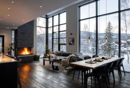 A contemporary living room showcases a glowing fireplace and expansive windows. The interior features warm wood flooring, a dark accent wall, and a long dining table. Outside, a snowy landscape provides a serene backdrop, suggesting potential uses for interior design or lifestyle imagery.の素材