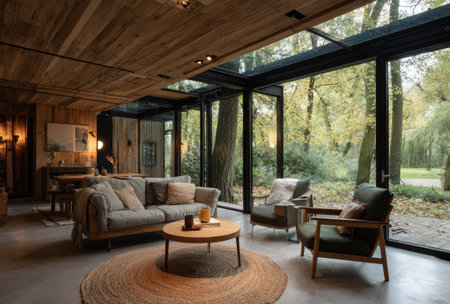 An interior shot features a modern living room with a neutral-toned sofa, wooden armchairs, and a round coffee table on a circular rug. The room is illuminated by natural light streaming through large windows, revealing a view of a lush outdoor environment. Suitable for interior design and lifestyle concepts.の素材