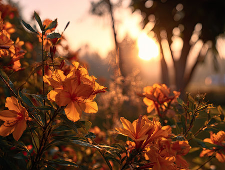 The image showcases vibrant orange flowers illuminated by sunlight, creating a warm, inviting scene. The photograph highlights the natural beauty with a soft focus and bokeh effect. It has potential uses for nature-themed projects, decorative backgrounds, or editorial content that conveys peace and tranquility.の素材