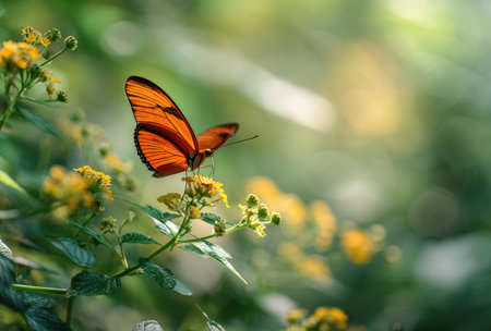 An orange butterfly rests on small yellow flowers, illuminated by sunlight. Green leaves create a natural backdrop with soft focus. The scene suggests a garden environment, capturing details of nature. Suitable for various editorial and commercial applications.の素材