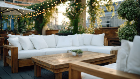An outdoor lounge features a large white sofa and wooden furniture with decorative plants. The setting displays a soft overhead light and a cozy atmosphere. Suitable for use in lifestyle or editorial projects, this space evokes relaxation and comfort. It creates a welcoming mood.の素材