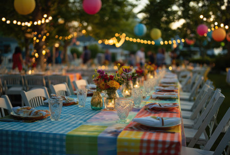 An outdoor dining setup features long tables adorned with vibrant linens and floral arrangements. Overhead, strings of lights and colorful lanterns cast a warm glow. The scene evokes a celebratory atmosphere, suitable for various editorial and commercial applications. The composition captures the essence of a social gathering under the open sky.の素材