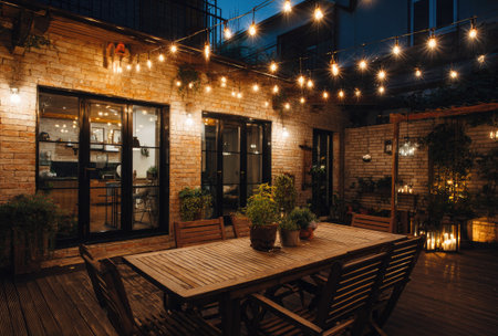 An inviting outdoor dining scene is illuminated by warm string lights at night. A wooden table is set with plants, offering a cozy atmosphere. The composition includes brick walls, glass doors, and a deck, possibly suggesting a restaurant or residential setting. Suitable for various commercial and lifestyle applications.の素材