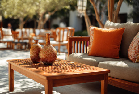 An outdoor seating arrangement features a wooden coffee table and sofa adorned with pillows. Two vases are placed on the table. The image showcases warm tones, natural lighting, and a soft focus background suggesting an exterior setting. The scene is suitable for use in design, lifestyle, or editorial applications.の素材