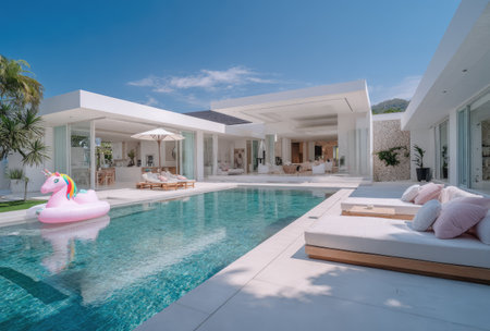 A contemporary villa with a swimming pool and a relaxation area is presented under a bright blue sky. The scene features a modern architectural style, with white structures and natural light. This image is suitable for various commercial uses, including advertising and editorial content related to luxury lifestyle and travel.の素材