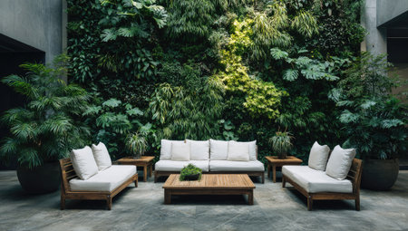 An inviting outdoor lounge area features comfortable white cushioned sofas and wooden tables. The focal point is a lush green wall of various plants creating a natural backdrop. The composition showcases a modern aesthetic with an emphasis on outdoor living. Suitable for lifestyle, design, and interior decor projects.の素材