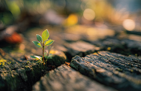 A small plant sprouts from an old, textured wooden surface in this image. The scene features warm, natural light and a blurred bokeh background, creating a soft and inviting aesthetic. The close-up perspective and selective focus highlight the plant's delicate leaves and the wood's rugged texture. Suitable for various design and editorial projects.の素材