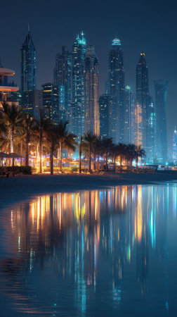A nighttime cityscape is reflected in calm water, featuring illuminated skyscrapers and palm trees. The composition utilizes a vertical format with a cool color palette. The scene presents a modern aesthetic, suitable for use in various commercial and editorial applications that convey urban themes.の素材