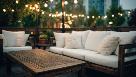 An outdoor patio scene features a wooden table and a white sofa set with pillows. Warm string lights illuminate the background suggesting an evening gathering. The image displays a relaxed atmosphere suitable for various commercial or editorial applications such as lifestyle or home decor.の素材