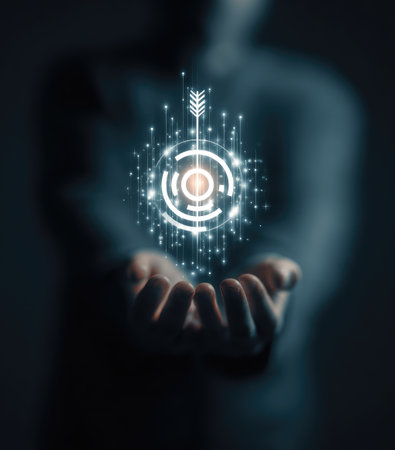 An individual's hands cradle a glowing digital target with an arrow, rendered in cool tones against a dark background. The image exhibits a modern aesthetic with light emanating from the central elements. This visual could serve as a metaphor for achievement, focus, or success, potentially suitable for business presentations or conceptual artwork.の素材