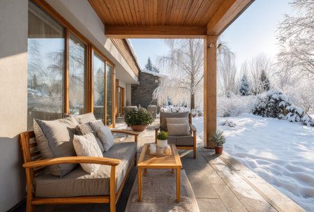 An outdoor patio features a wooden frame and comfortable seating arrangements. The scene showcases soft textures, natural wood tones, and cool color palettes. The setting suggests a day, with sunlight. Suitable for illustrating leisure, relaxation, or concepts of winter.の素材
