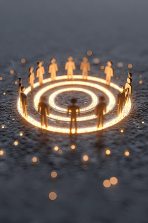 A top-down view shows stylized human figures surrounding a concentric glowing circle. The figures are uniform in shape and color, arranged in a circular formation, creating a sense of community. The composition suggests a symbolic connection with soft lighting and a blurred background. Suitable for diverse applications, including business and marketing.の素材