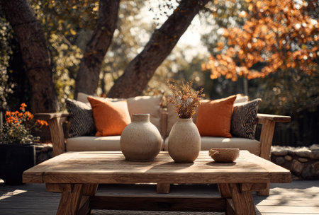 An outdoor scene showcases a wooden table adorned with vases and a small bowl. A sofa with orange pillows provides seating, framed by trees and foliage. Warm tones and natural light create a welcoming atmosphere. This image is suitable for various commercial uses, including lifestyle and home decor projects.の素材