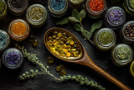 A top-down composition showcases an arrangement of glass jars filled with colorful herbs and spices, alongside a wooden spoon holding golden capsules. The scene is illuminated with natural lighting, highlighting the textures and vibrant colors. Suitable for culinary, health, or wellness-related content, the image presents a visually appealing display.の素材