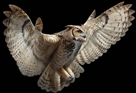 A detailed image showcases an owl in flight, wings fully extended against a dark backdrop. The bird displays brown and white plumage with sharp features. The composition and lighting create a dramatic effect suitable for various commercial uses, including advertising and editorial content. The image could be used for wildlife projects.の素材