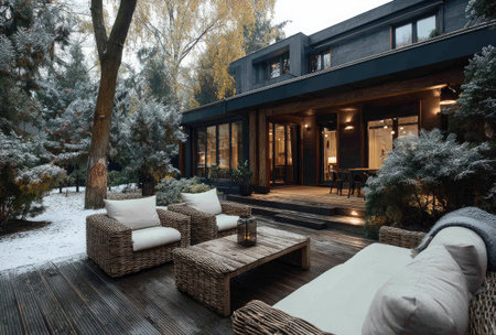 An outdoor patio setting features wicker furniture on a wooden deck. The surrounding environment suggests winter with snow and bare trees. The composition includes a modern building with large windows and warm interior lighting. This scene is suitable for lifestyle, real estate, or design-related projects.の素材