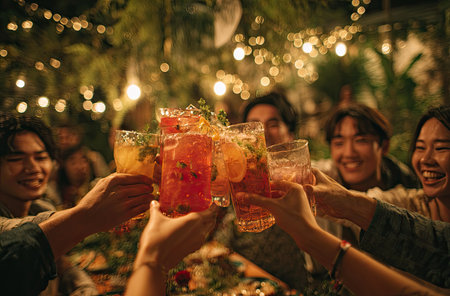 Diverse group of people raises glasses in a celebratory toast. Focus is on colorful cocktails with ice, fruit and herbs. Warm lighting, likely from string lights, illuminates the scene suggesting a social gathering. Image could be used for promoting events and lifestyle.の素材
