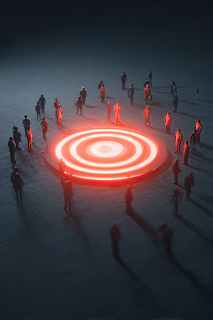 A group of silhouetted figures surrounds a glowing, circular target symbol. The scene is bathed in a dim, dark atmosphere with vibrant red light emanating from the center. The composition suggests a conceptual representation with potential applications in various fields, suitable for illustrative or editorial purposes.の素材