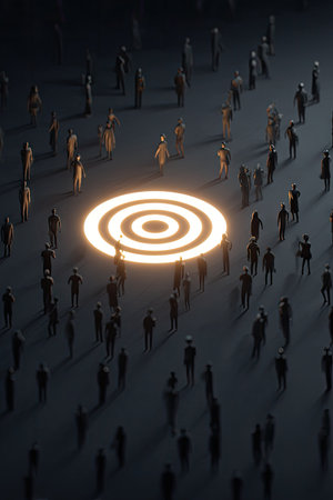 An aerial perspective showcases numerous silhouetted figures surrounding a brightly illuminated target symbol. The image features a dark, mysterious ambiance, using soft lighting to accentuate the central element. This creative composition may be suitable for a variety of editorial or commercial purposes.の素材