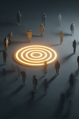 An aerial perspective shows miniature figures gathered around a central, glowing target symbol. The scene uses subdued lighting, creating shadows and a sense of depth, with a focus on conceptual themes. This visual is suitable for business presentations, marketing materials, or editorial use exploring themes of focus and strategy.の素材