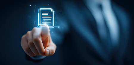 A person's finger touches a glowing document icon, suggesting interaction. The image features a shallow depth of field, with soft blue and white hues dominating. This could be used for illustrating concepts related to business, technology, data, and digital documents.の素材