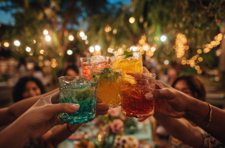 A group of people are raising glasses filled with colorful beverages. The shot showcases various vibrant hues, with a blurred background. The composition suggests an evening or nighttime gathering. The image could be used for promoting events, hospitality, or celebrations.の素材