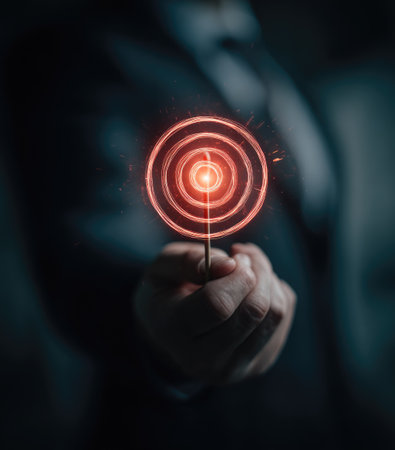 A person holds a glowing target symbol, the central focus against a dark, blurred backdrop. The composition features a shallow depth of field, emphasizing the intricate details of the target and the hand. This image could be used in various commercial applications related to focus, goals, or strategy.の素材