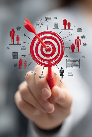 A person's hand holds a red dart hitting the center of a target. The image features a shallow depth of field, with a focus on the target. The composition includes line art icons representing business, finance, and people. It evokes themes of achievement and strategy suitable for various commercial uses.の素材