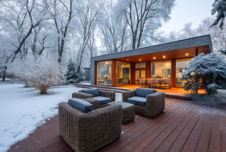 A contemporary structure features a wooden deck with outdoor seating. The surrounding environment showcases snow-covered trees and a blanket of white across the landscape. The style presents clean lines, natural textures and neutral color palettes. Suitable for use in architecture, travel, and design publications.の素材
