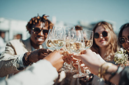 A group of people are raising wine glasses in a toast, celebrating outdoors. The composition features close-up shots of hands holding the glasses. The scene is bathed in sunlight, suggesting a daytime event. This imagery is suitable for use in various commercial contexts, depicting social gatherings.の素材