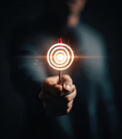 A person's hand firmly holds a glowing target symbol, illuminated against a dark background. The image exhibits a radial composition with warm colors. It suggests concepts such as success and achievement and could be used in various commercial or editorial contexts.の素材