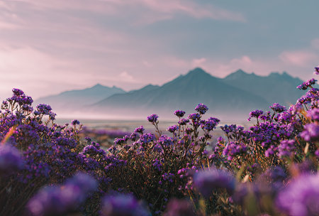 A field of vibrant purple flowers blankets the foreground, leading the eye towards majestic mountains under a soft, overcast sky. The color palette features hues of purple, blue, and green. This natural scenery offers possibilities for editorial use and could be suitable for various design projects.の素材