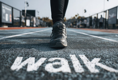 A person walks on an asphalt surface, the word WALK is prominently displayed in white. The scene features neutral tones and a focus on the action. Suitable for a variety of editorial or commercial purposes related to activity or urban environments.の素材