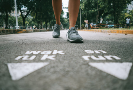 A person walks forward on an asphalt surface. The image presents a low-angle perspective, emphasizing the legs and feet. The scene features directional arrows and text markings, likely indicating pathways. The color palette includes neutral tones, suggesting an outdoor environment under natural lighting. This visual could be used for lifestyle, health, or urban themes.の素材