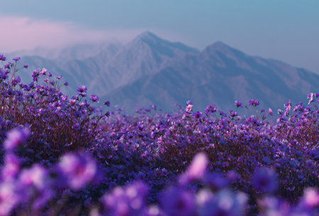 A field of vibrant purple flowers blankets the foreground, with blurred blooms creating depth. The backdrop reveals majestic mountains under a hazy sky. Soft lighting bathes the scene, highlighting textures. Suitable for illustrating nature, beauty, or serenity in various commercial applications.の素材