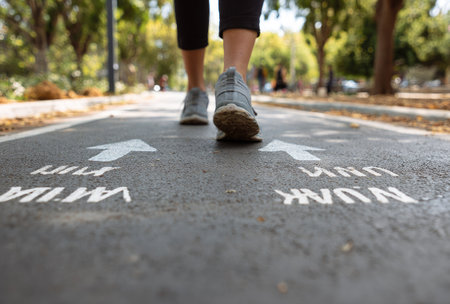 A person walks on a path, with white arrows indicating directions. The asphalt shows visible text, and the scene is framed from a low angle. The lighting suggests daytime. This image is suitable for various commercial uses, including articles or advertising materials.の素材