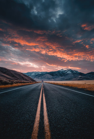 An open road stretches toward distant mountains under a dramatic sky. The scene features a sunset with vibrant orange and red hues contrasting against the dark clouds. The composition is a symmetrical perspective, suggesting travel and exploration, suitable for various editorial and commercial projects.の素材